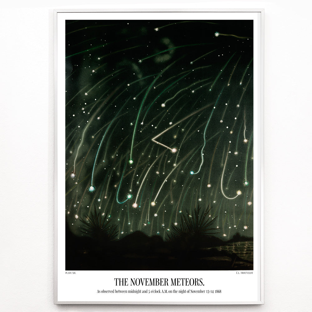 Closeup detail of The November Meteors by E L Trouvelot night sky artwork poster featuring bright meteors streaking above a dark landscape