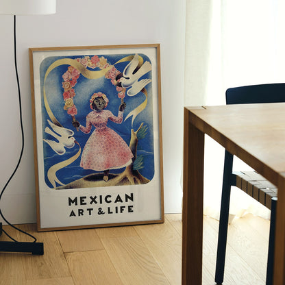 Mexican Art and Life cover and poster by Diego Rivera featuring a girl in a pink dress with floral crown and two white doves, framed and displayed in home decor