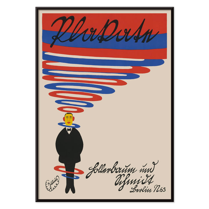 Julius Klinger Hollerbaum und Schmidt poster with red and blue spiral lettering and minimalist suited figure on beige background, with black aluminium frame on white background