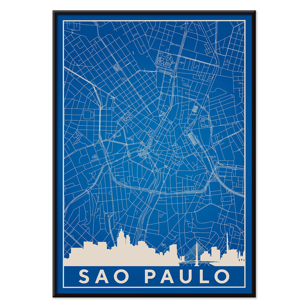 Minimalist blue map of Sao Paulo city with white street lines and skyline by artist Anonymous titled Minimalist Sao Paulo Map, with black aluminium frame on white background