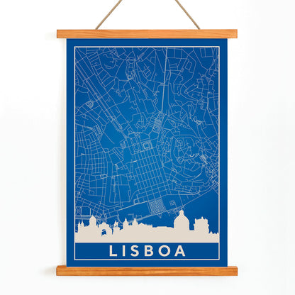 Minimalist Lisbon Map artwork in blue and white showing city map skyline and landmarks silhouette poster, with wooden magnetic frame on white background