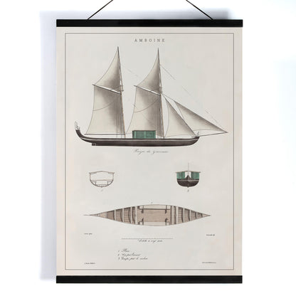Amboine by J Tastu minimalist sailing ship poster with detailed hull and sail diagrams in soft beige tones, with wooden magnetic frame on white background