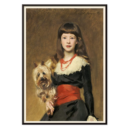 Miss Beatrice Townsend by John Singer Sargent young girl with a dog in elegant attire and red sash painting poster, with black aluminium frame on white background
