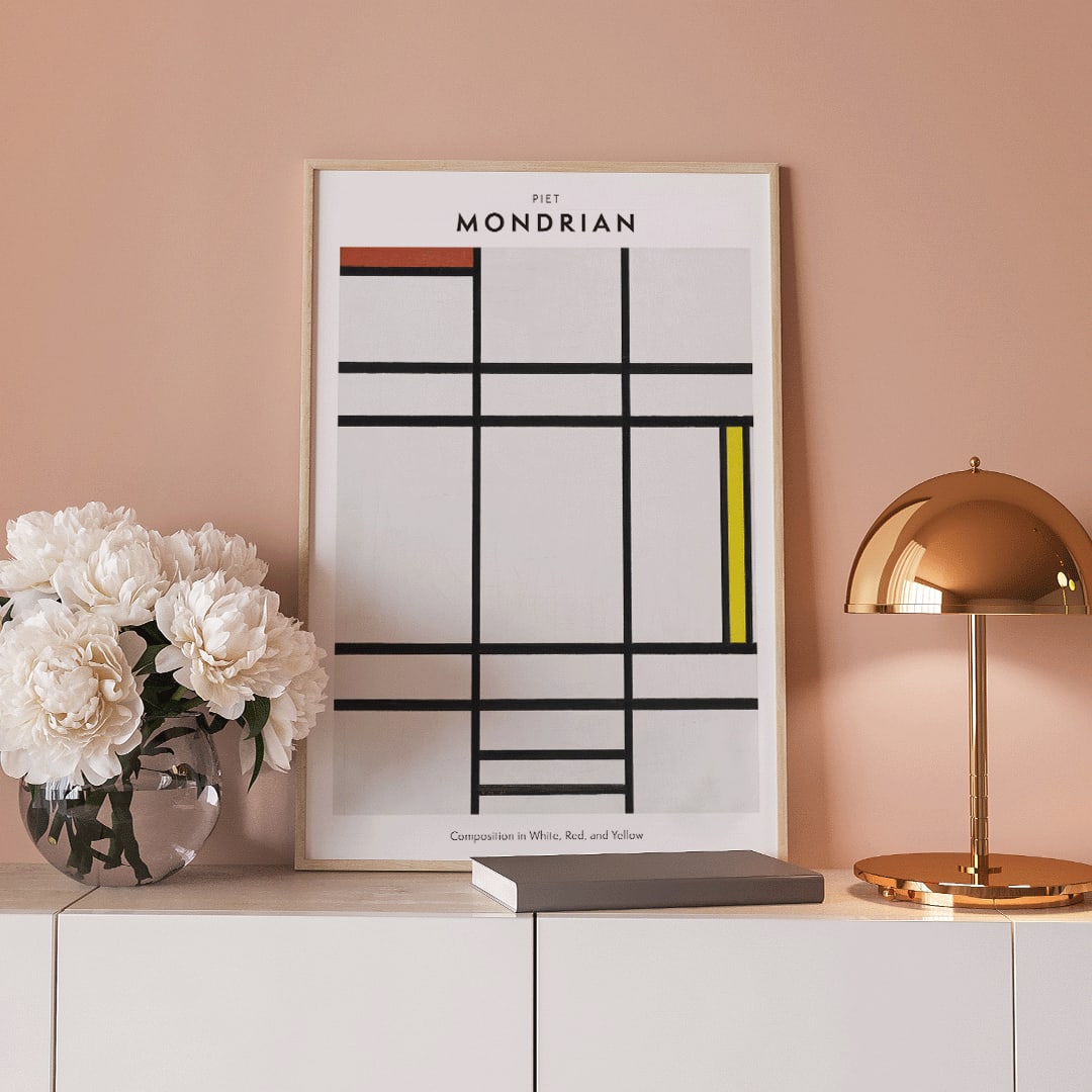 Abstract geometric painting by Piet Mondrian featuring bold black lines geometric shapes and blocks of white red and yellow in Composition in White Red and Yellow poster, framed and displayed in home decor