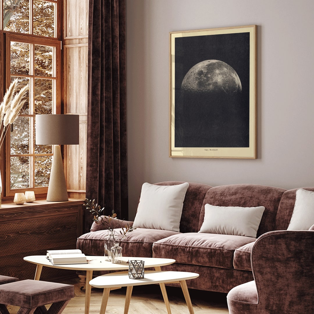 Black and white lunar surface artwork and detailed moon illustration poster by Institute of Liepzig wall art for home decor, framed and displayed in home decor