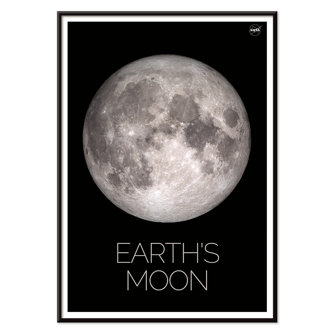 NASA poster of Earth Moon detailed lunar surface image with black background white border and labeled Moon, with black aluminium frame on white background