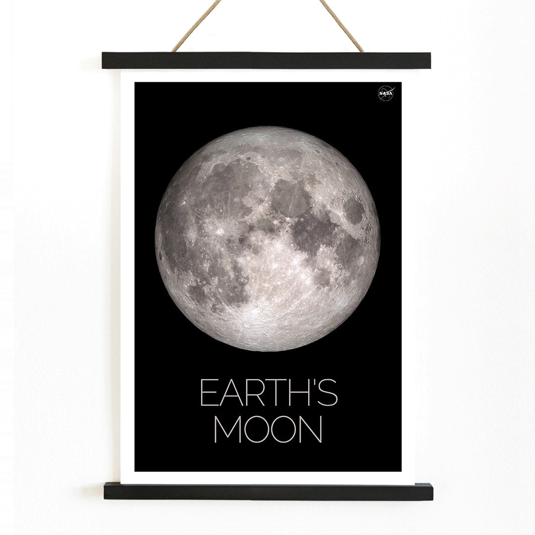 NASA poster of Earth Moon detailed lunar surface image with black background white border and labeled Moon, with wooden magnetic frame on white background