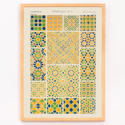 Moresque 5 vintage pattern by Owen Jones with colorful geometric tile designs from Grammar of Ornament book, framed and displayed in modern living room decor