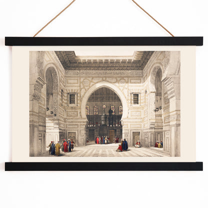 Elegant interior of Sultan the Ghoree mosque with figures and detailed architecture by David Roberts, with wooden magnetic frame on white background