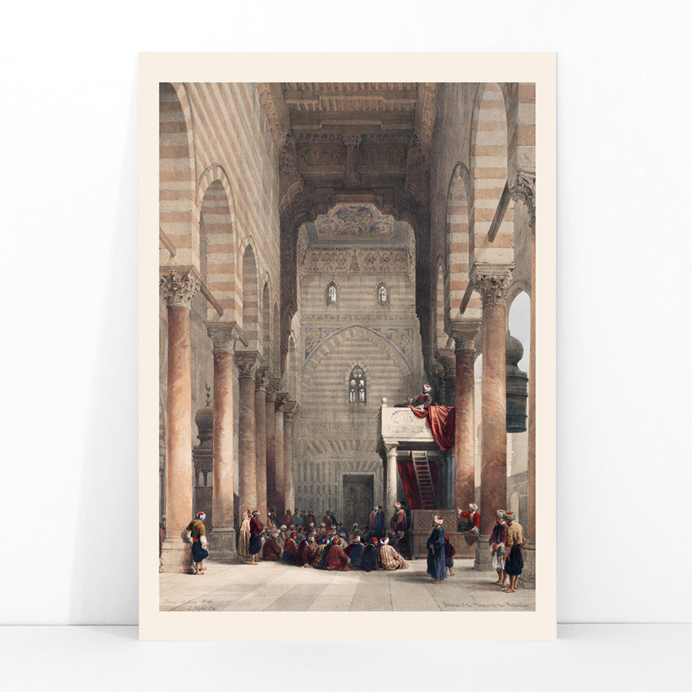 Interior of the mosque of the Metwalys by David Roberts with architectural details and people gathered inside grand hall poster, framed and displayed in modern living room decor
