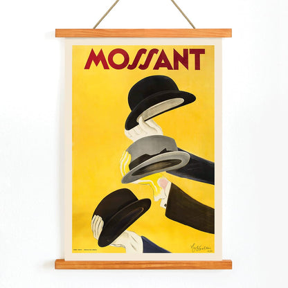 Vibrant poster by Leonetto Cappiello featuring three hands holding hats with yellow background and Mossant text, with wooden magnetic frame on white background