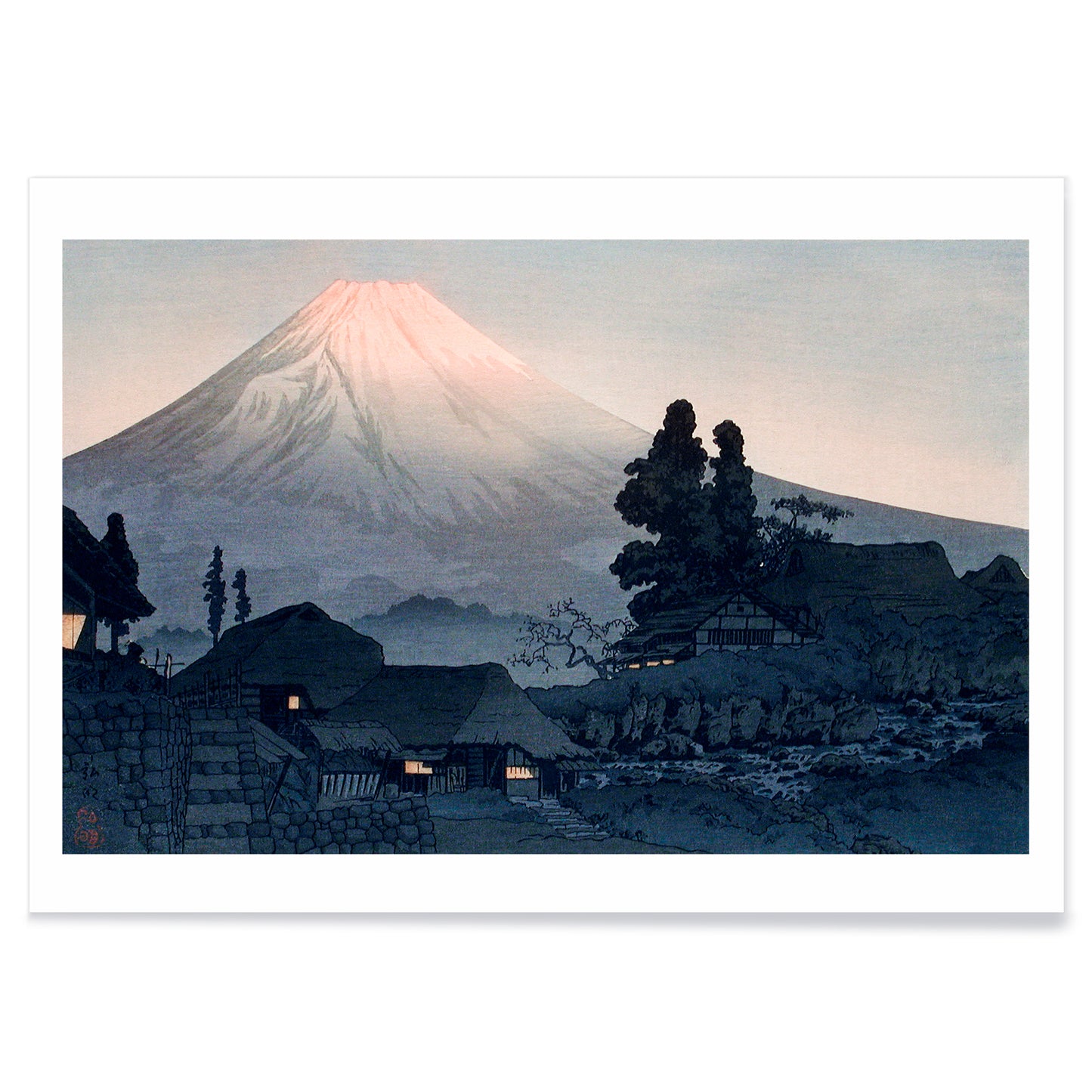 Mount Fuji From Mizukubo by Hiroaki Takahashi traditional Japanese village and houses at dusk artwork, with black aluminium frame on white background
