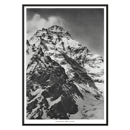 Black and white photograph and poster of K2 west face by Vittorio Sella showing the snow-covered mountain peak, with black aluminium frame on white background