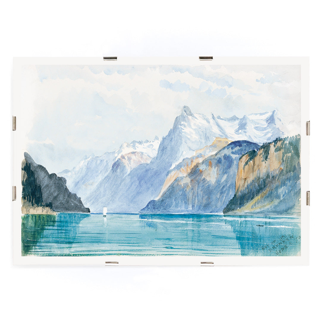 Bay of Uri Brunnen Switzerland mountain lake landscape artwork by John Singer Sargent poster for home decor, framed and displayed in modern living room decor