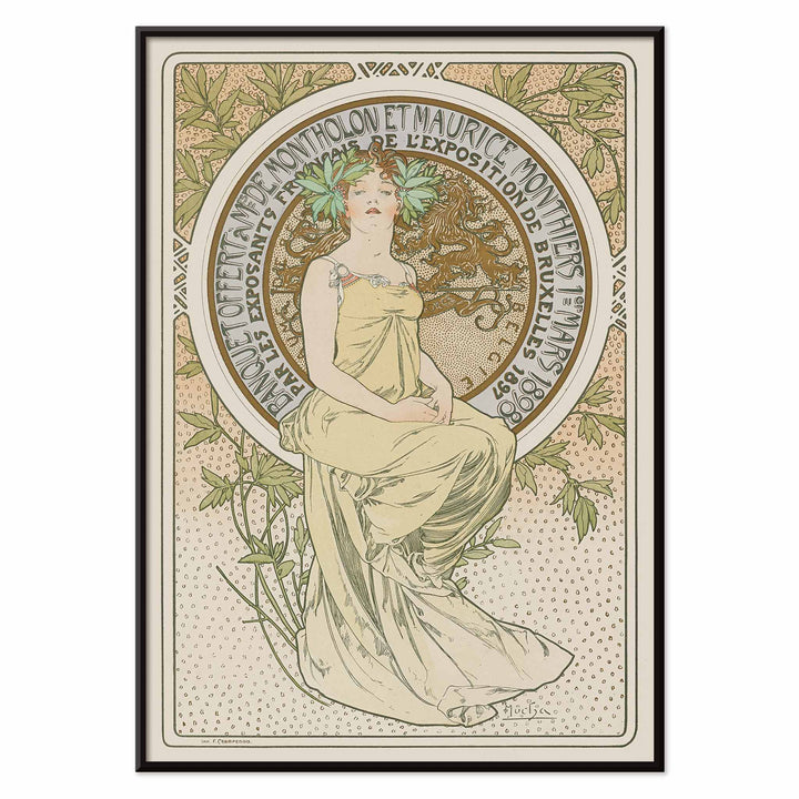 Alphonse Mucha Exposition de Bruxelles Art Nouveau poster with graceful woman and floral ornaments in soft green and beige tones, with black aluminium frame on white background