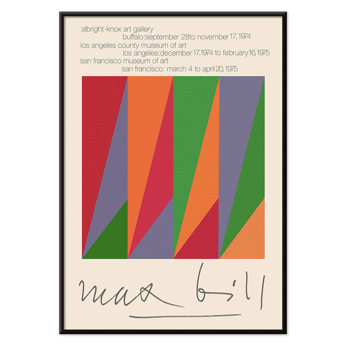 Colorful geometric design and shapes by Max Bill on serigraph silkscreen exhibition poster titled Serigraph Silkscreen with signature in black frame, with black aluminium frame on white background