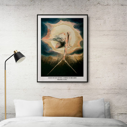 Mystical figure with flowing hair setting a compass to the earth in Ancient of Days by William Blake poster, framed and displayed in home decor