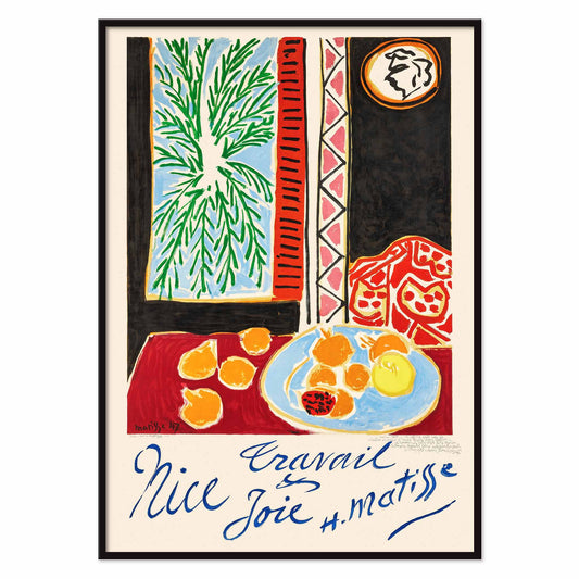 Henri Matisse Nice Travail et Joie poster with palm fronds, fruit on a blue plate, and bold red and black shapes, with black aluminium frame on white background