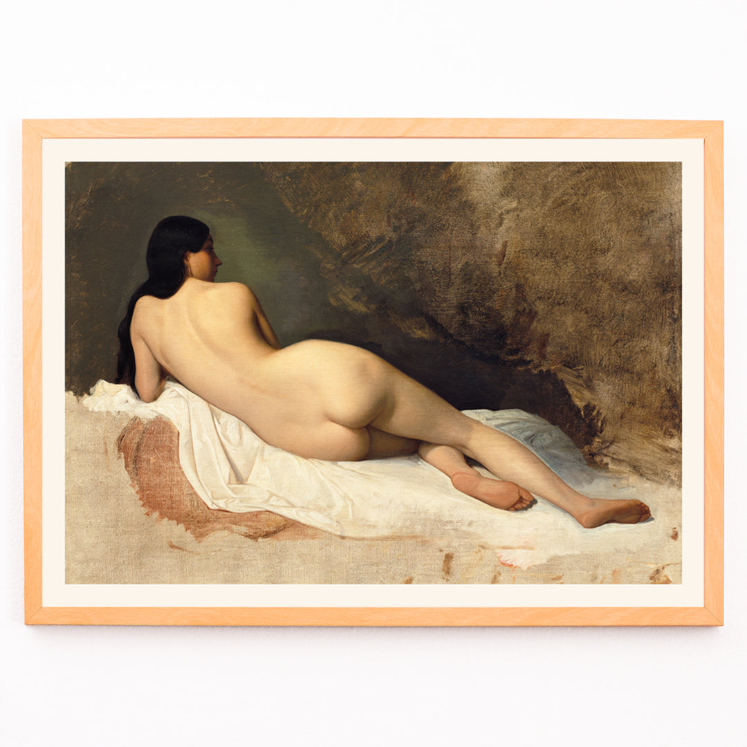 Closeup detail of Study of a Reclining Nude by Isidore Pils poster featuring a nude woman lying on white fabric against a textured background