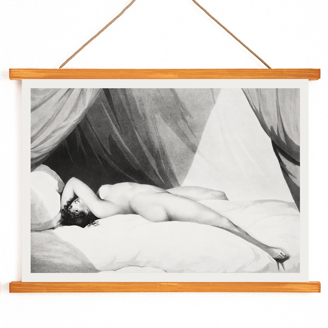 Nude woman reclining on curtained bed in artwork and poster Nude Reclining on Curtained Bed by William Holland with draped curtains in background, with wooden magnetic frame on white background