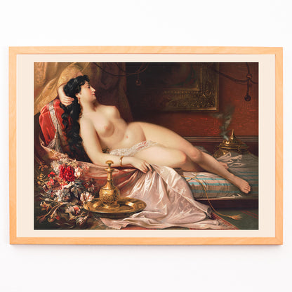 Closeup detail of Sleeping beauty art poster featuring a reclining nude woman on luxurious fabrics with ornate objects and flowers in the background