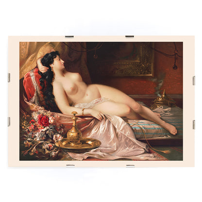 Sleeping beauty art poster featuring a reclining nude woman on luxurious fabrics with ornate objects and flowers in the background, framed and displayed in modern living room decor