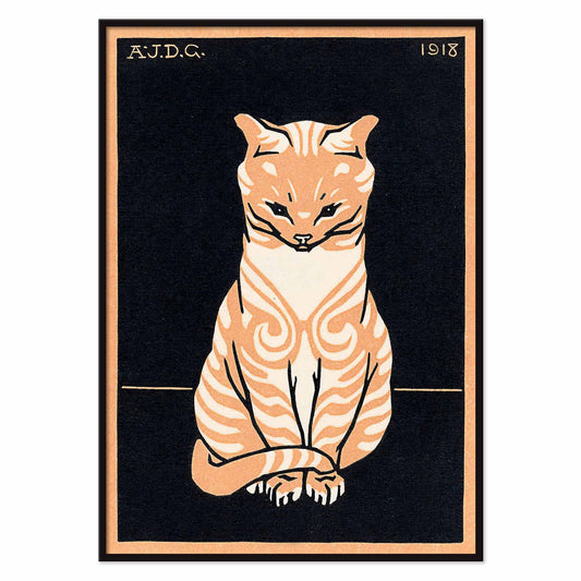 Julie de Graag Orange Seated Cat poster with striped tabby, pale chest and curled tail on black background, with black aluminium frame on white background
