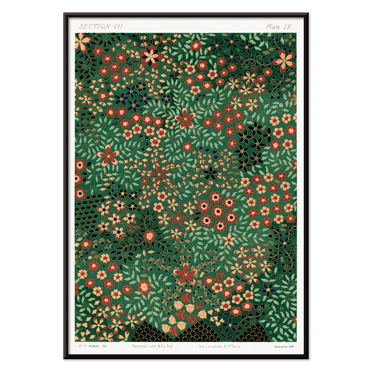Floral pattern artwork poster by GA Audsley from The Ornamental Arts Of Japan featuring intricate vibrant green and red designs, with black aluminium frame on white background