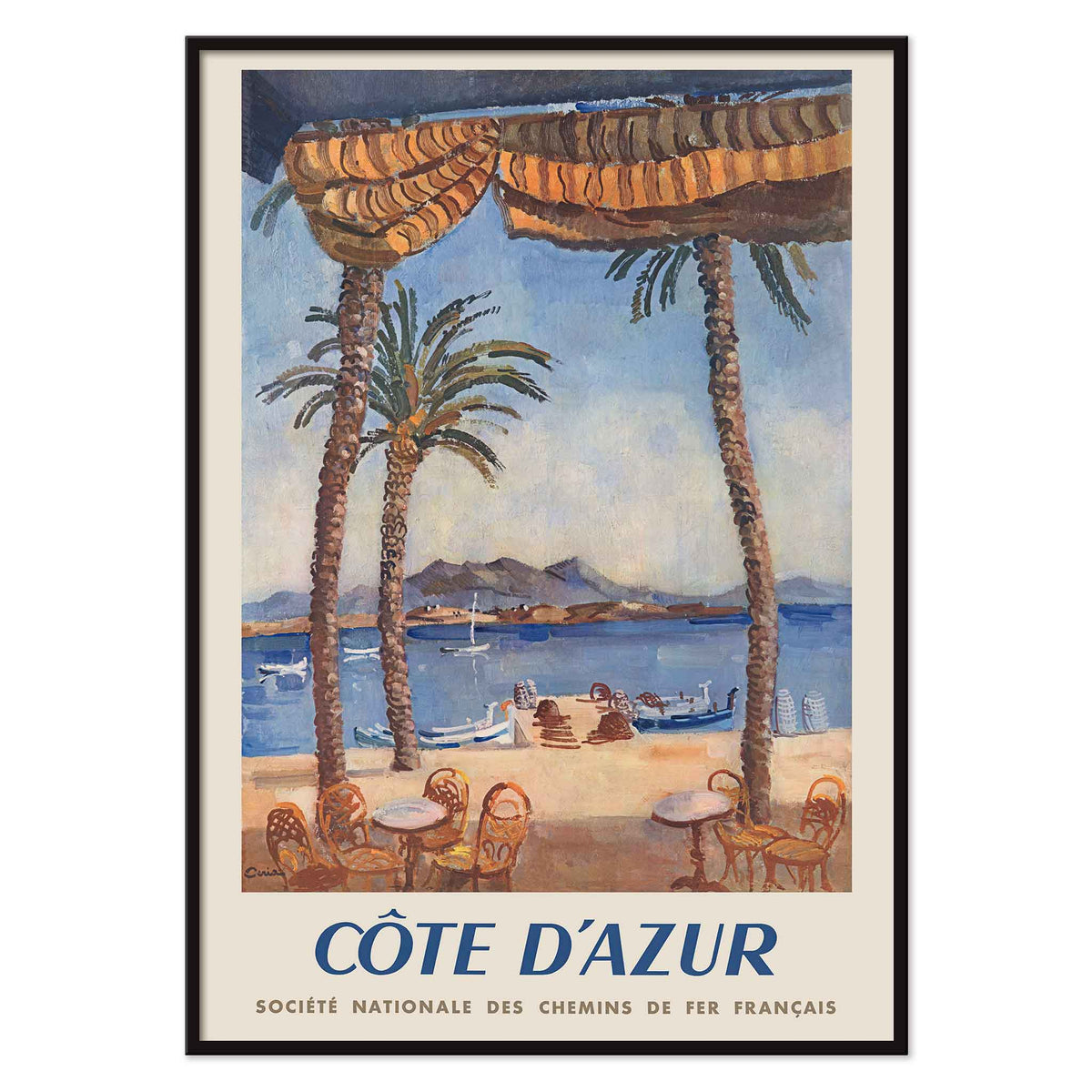 Edmond Céria French Riviera Railway poster with palm trees, blue sea, sandy beach, ochre canopies, vintage travel style, with black aluminium frame on white background