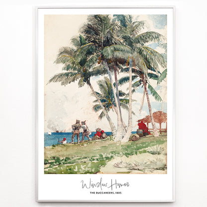 Closeup detail of The Buccaneers by Winslow Homer poster featuring pirates under palm trees on a tropical beach with a ship in the background