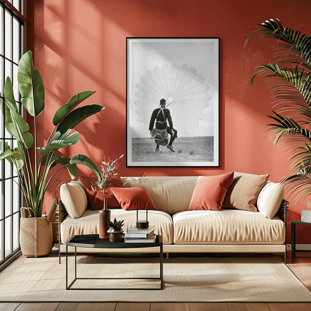 Air force parachuter landing and standing with deployed parachute by Ray Olsen poster, framed and displayed in home decor