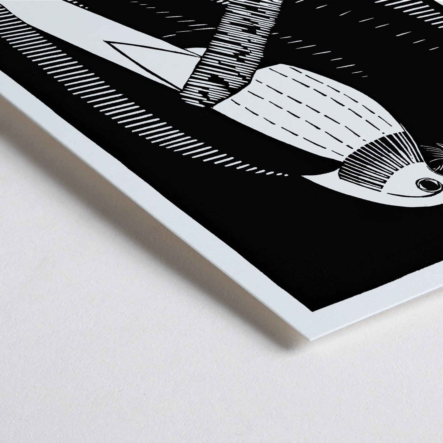 Closeup detail of Black and white geometric parakeet artwork by Samuel Jessurun de Mesquita titled Parakeets Parkieten poster featuring parakeet on branch