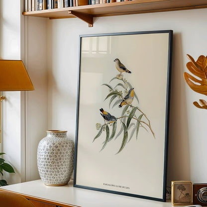 Yellow-rumped Pardalote Pardalotus Xanthopygius artwork featuring three colorful birds perched on eucalyptus branches poster illustration, framed and displayed in home decor