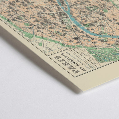 Closeup detail of Vintage map of Paris showing monuments from Paris Ses Monuments Guide Pratique Du Visiteur by Borremans F poster