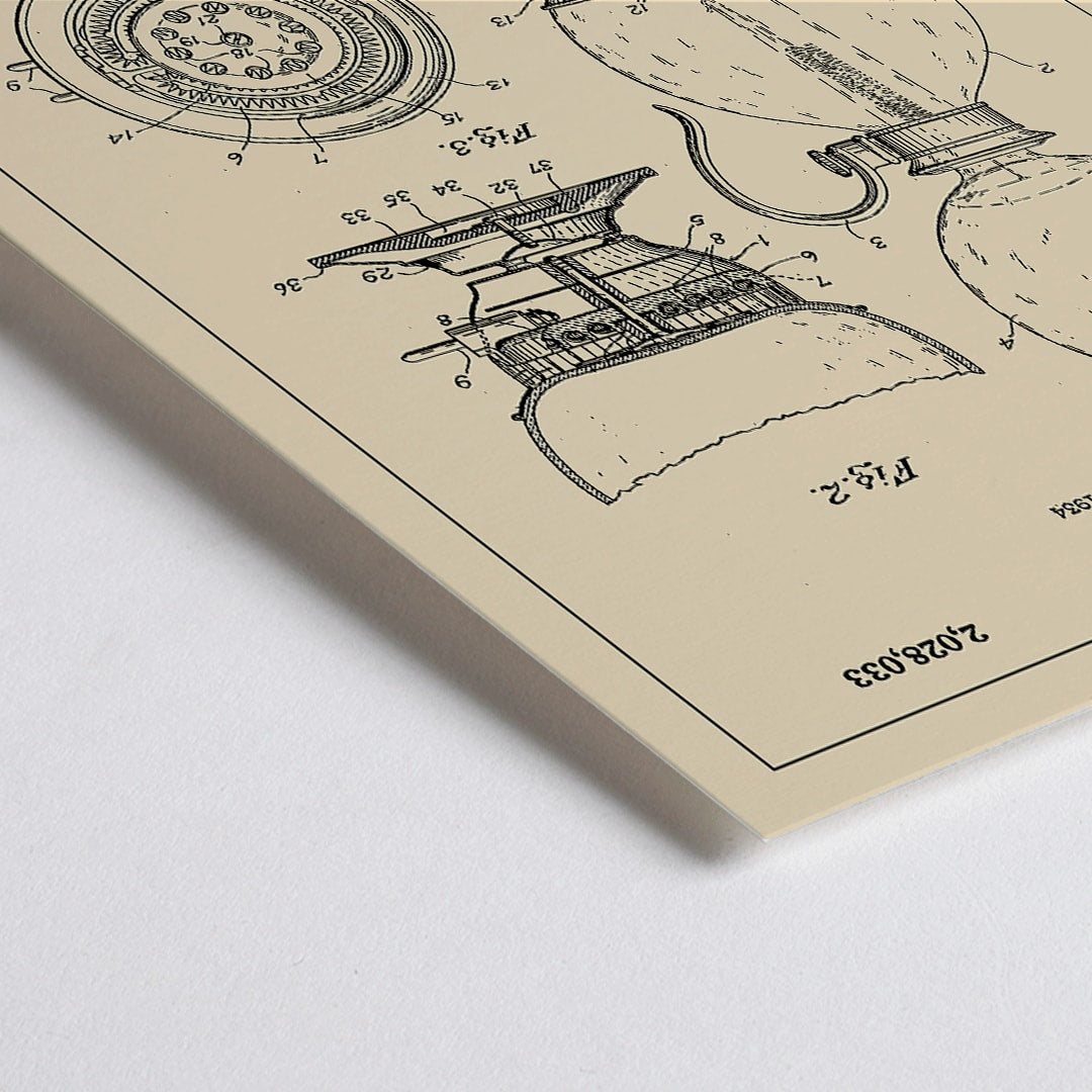 Closeup detail of Vintage patent drawing and blueprint poster of Coffee Maker by F E Wolcott featuring detailed diagrams