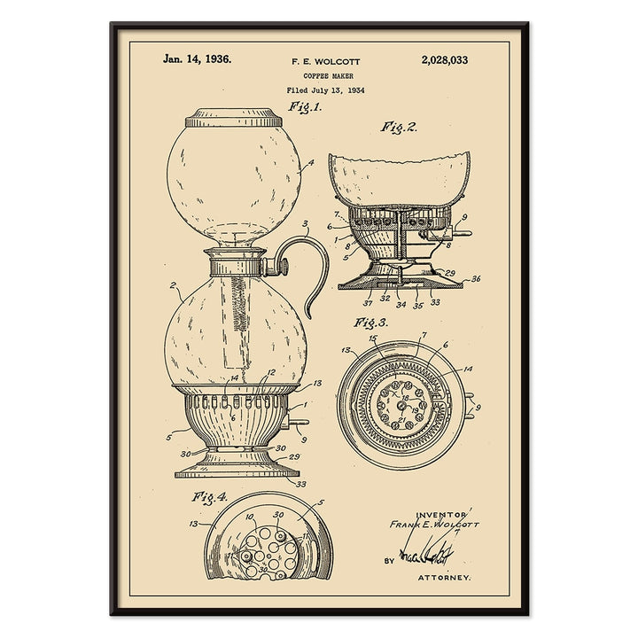 Vintage patent drawing and blueprint poster of Coffee Maker by F E Wolcott featuring detailed diagrams, with black aluminium frame on white background