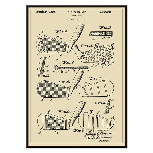 Golf club patent illustration by GE Barnhart showing detailed diagrams and labeled parts, with black aluminium frame on white background