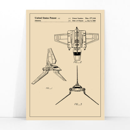 Technical drawings and vintage poster of Star Wars Imperial Shuttle patent artwork by Joe Johnston, framed and displayed in modern living room decor