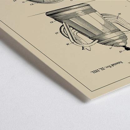 Closeup detail of Patent illustration and technical drawing poster of tea or coffee pot by B F Olsen with detailed views and patent information