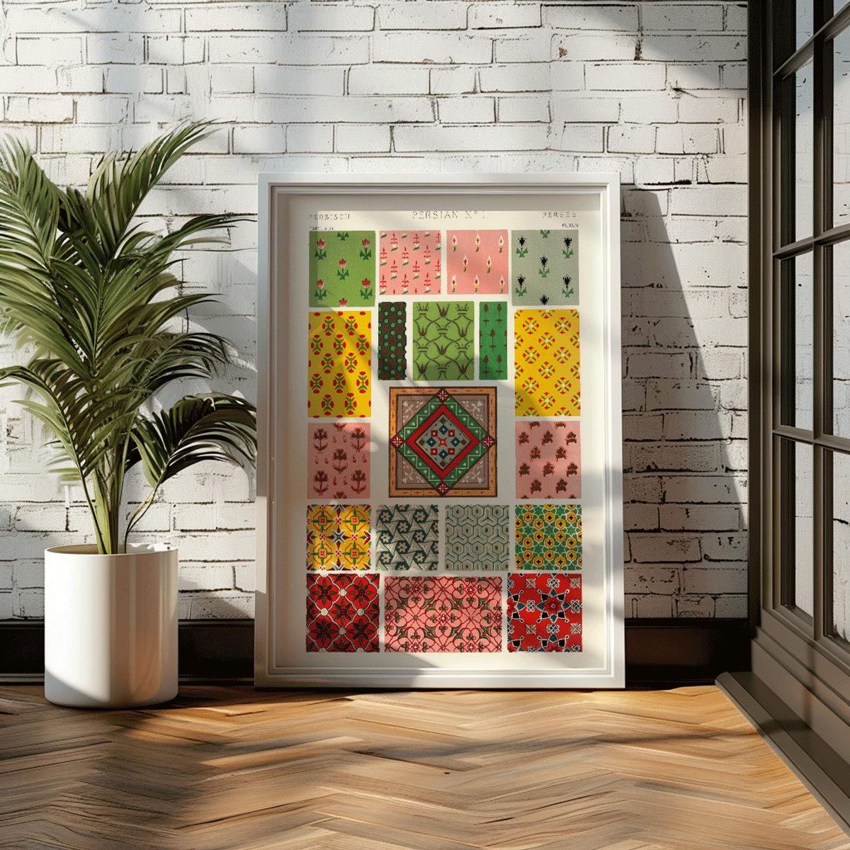 Colorful geometric Persian patterns poster by Owen Jones from Persian 1 Century Grammar of Ornament artwork, framed and displayed in home decor