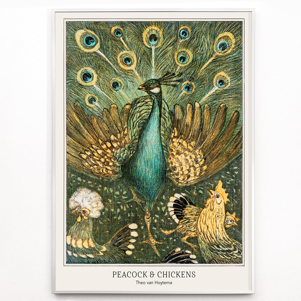 Closeup detail of Colorful peacock and chickens artwork vibrant poster by Theo van Hoytema featuring peacock with spread feathers and chickens from Peacock and Chickens