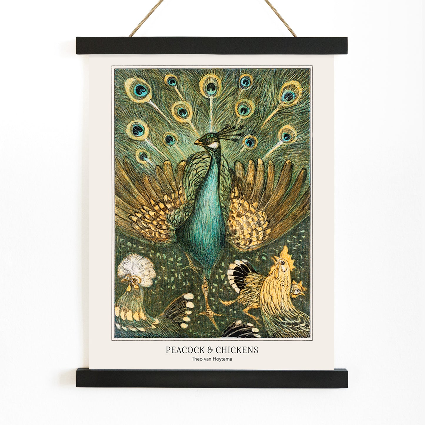 Colorful peacock and chickens artwork vibrant poster by Theo van Hoytema featuring peacock with spread feathers and chickens from Peacock and Chickens, with wooden magnetic frame on white background