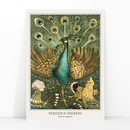 Colorful peacock and chickens artwork vibrant poster by Theo van Hoytema featuring peacock with spread feathers and chickens from Peacock and Chickens, framed and displayed in modern living room decor