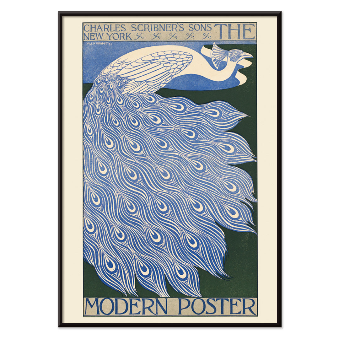Elegant blue and white peacock with flowing feathers illustration from The Modern Poster by Will Bradley, with black aluminium frame on white background
