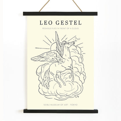 Pegasus flying in front of clouds line drawing illustration by Leo Gestel poster, with wooden magnetic frame on white background