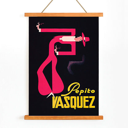 Abstract figure in bright colors pink and red on black background Pepito Vasquez by Tito Livio De Madrazo poster, with wooden magnetic frame on white background