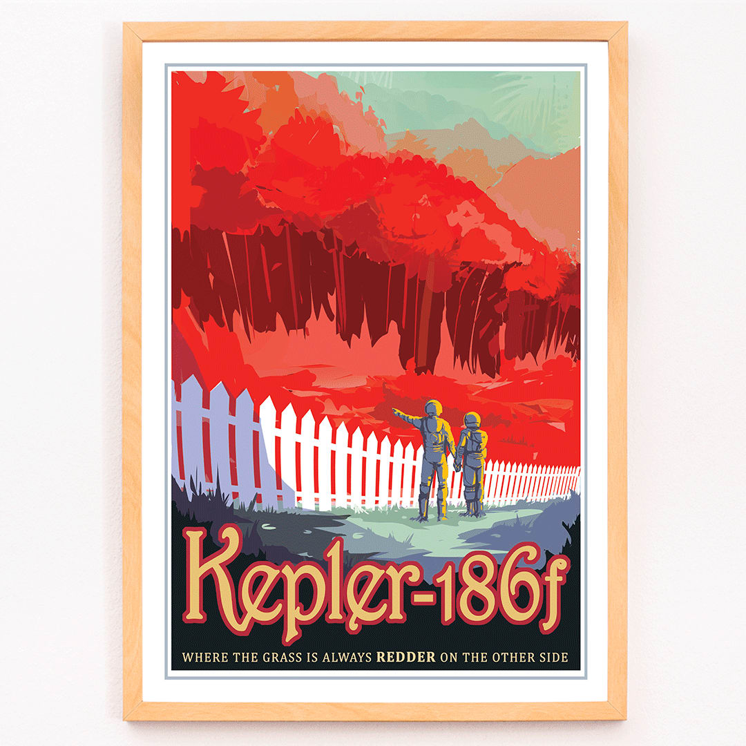 Two astronauts on Kepler-186f with red grass and trees NASA artwork poster wall decor, framed and displayed in modern living room decor