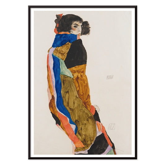 Colorful portrait poster of a woman in a patterned robe looking back Moa by Egon Schiele expressive art print, with black aluminium frame on white background