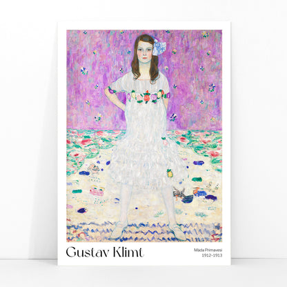 Mada Primavesi by Gustav Klimt poster featuring a young girl in a white dress with a colorful floral background, framed and displayed in modern living room decor