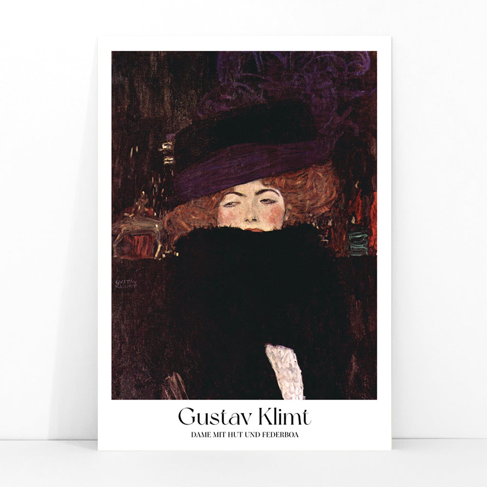 Elegant woman with hat and feather boa painted by Gustav Klimt Dame mit Hut und Federboa poster showing a woman in elegant attire, framed and displayed in modern living room decor